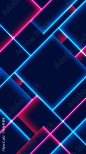 Neon blue and pink abstract background with geometric squares and glowing lines featuring a futuristic high tech aesthetic for digital gaming and modern cyber technology themes