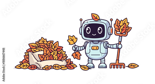 Cute cartoon robot character raking up autumn leaves.