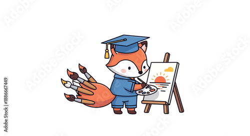 Talented Cartoon Fox Graduate Painting a Landscape on an Easel.