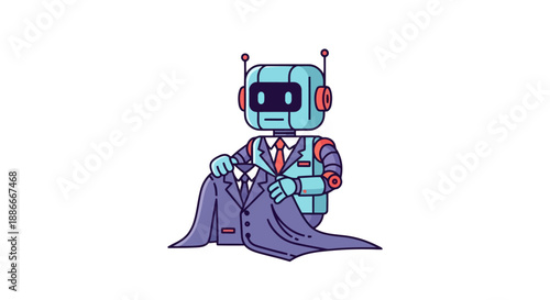 Cute cartoon robot character getting dressed in a formal business suit.
