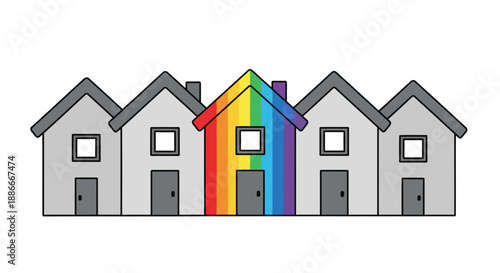 A unique rainbow colored house standing out in a row of grey homes representing individuality and pride.