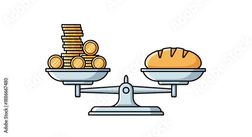Inflation concept showing money and bread on a balance scale.