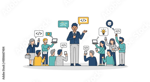 Cartoon People Using Mobile Devices Together.