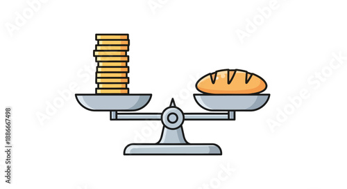 Balance scale weighing a stack of coins and a loaf of bread representing inflation.