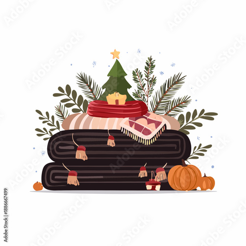 Cozy winter scene with stacked radiators, Christmas tree, and autumnal elements in a warm and inviting illustration