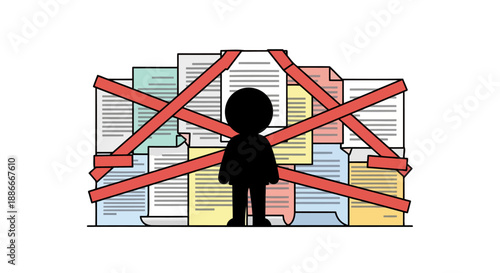 Silhouette person buried under a massive stack of documents and red tape.