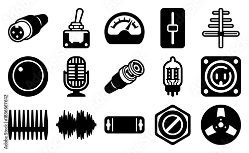 Minimalist Black Analog Audio Equipment and Electronic Component Icon Set for Retro Studio Production