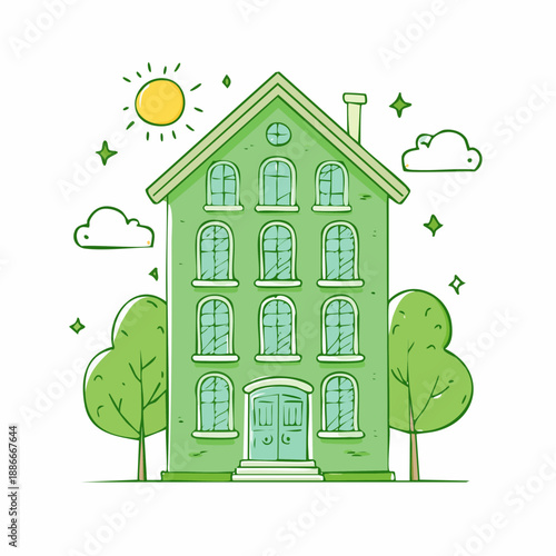 Illustration of a three-story green building with trees and sunny sky viewed from the front