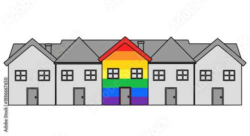 A unique rainbow colored house stands out in a row of grey terraced houses.