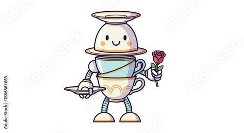 Charming teacup robot character holding a single red rose.