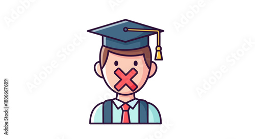 Silenced Student Graduate with Red X Over Mouth Illustration.