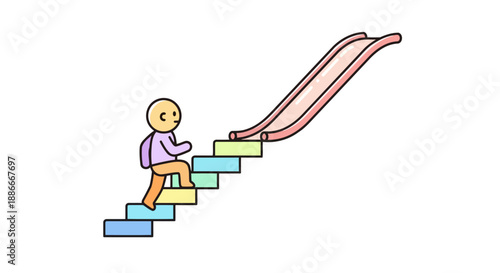 Hand-drawn illustration of a person climbing colorful stairs to a slide.