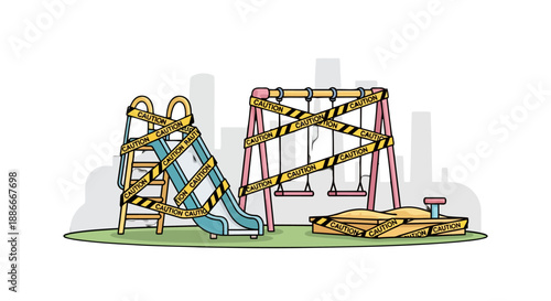 Closed childrens playground with yellow and black barrier tape illustration.