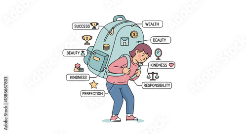 Woman struggling under the heavy weight of lifes expectations and pressures.