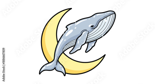 Stylized blue whale gracefully swimming past a crescent moon.