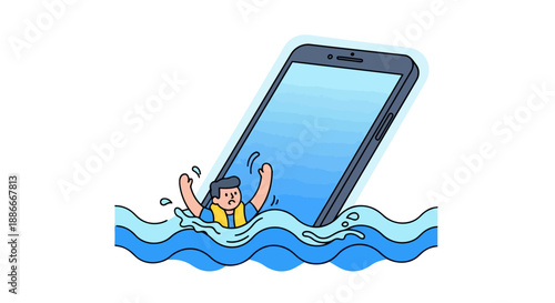 Man in a life vest drowning in the sea next to a giant smartphone.