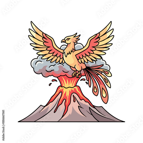 Majestic Phoenix Bird with Fiery Wings Spread Wide Cartoon Illustration.
