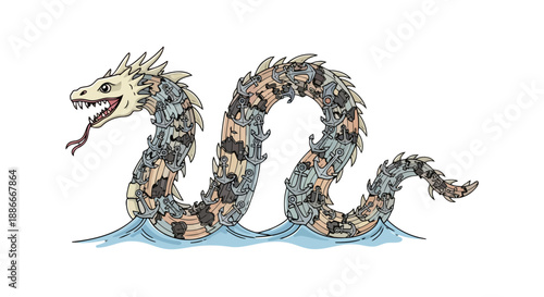 Fantastical sea serpent monster composed of many different cats illustration.