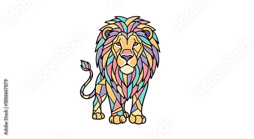 Colorful geometric mosaic lion illustration on a white background.
