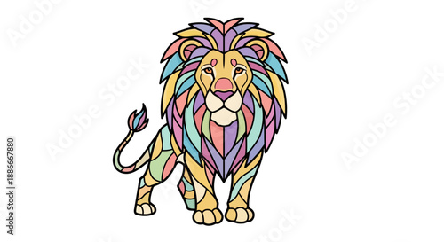 Stylized geometric lion with a vibrant multicolored mane illustration.