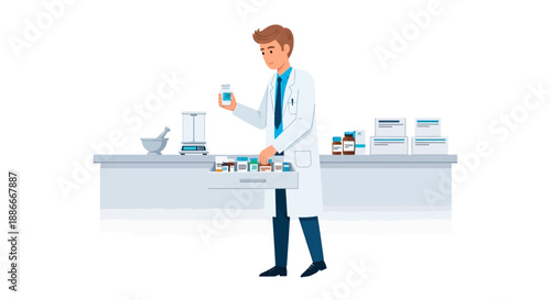Male Scientist in Lab Coat Examining Sample.
