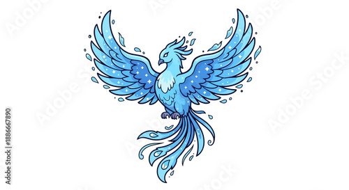 Mythical blue ice phoenix with majestic wings spread wide.