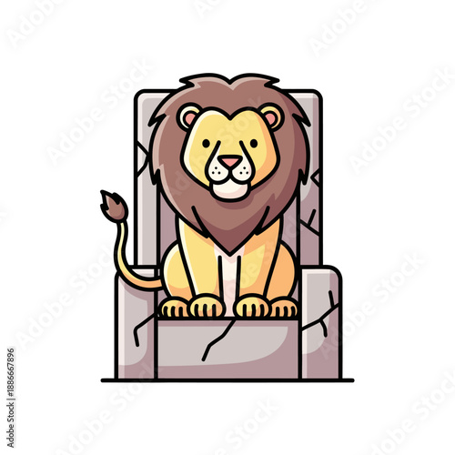 Cute cartoon lion king sitting majestically on a stone throne.