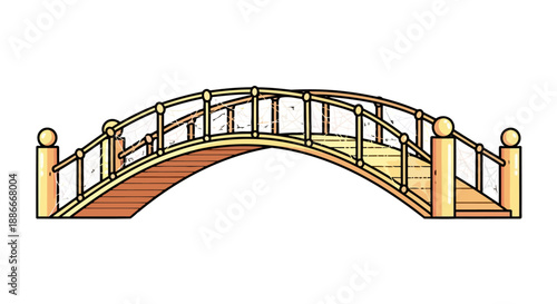 Classic wooden arched footbridge with handrails illustration isolated on white.