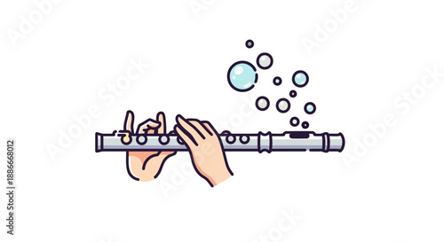 Illustration of hands playing a transverse flute with bubbles.