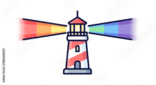 Stylized lighthouse icon emitting colorful rainbow pride light beams.