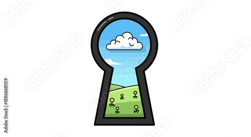 Cartoon keyhole offering a secret glimpse into a serene natural landscape.