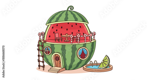 Adorable cartoon watermelon house with a balcony and lime pool illustration.