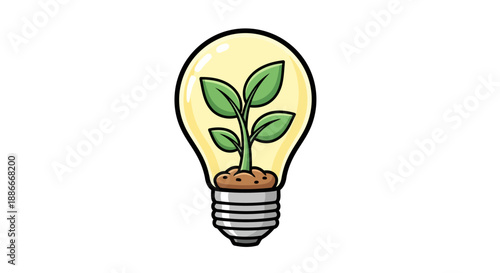 Green plant sprout with leaves growing inside a yellow lightbulb.