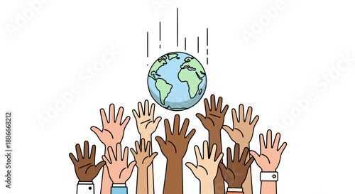 Diverse Hands Reaching Up to Save the Falling Planet Earth.