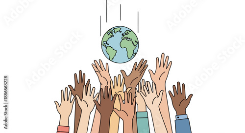 Diverse multicultural hands reaching up to save the falling planet Earth.