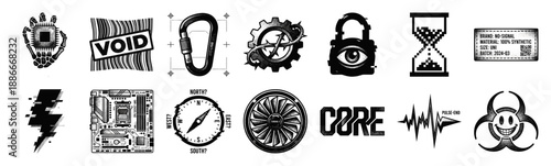 Gritty Cyberpunk Engraving Hardware Graphic Asset Sheet for Industrial Tech Streetwear Designs