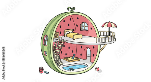 Imaginative and whimsical illustration of a house inside a watermelon.