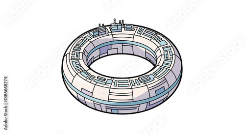Circular Sci-Fi Space Station or Orbital Habitat Vector Illustration.