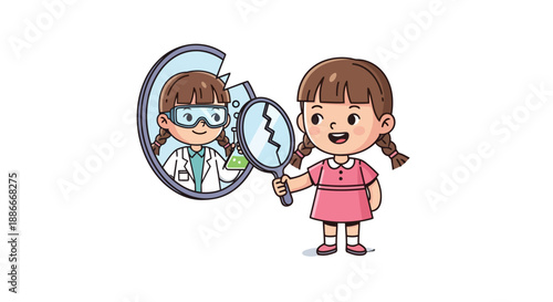 A young girl with a magnifying glass imagines her future career as a scientist.