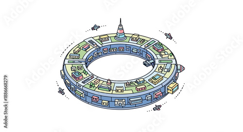 Detailed illustration of a futuristic circular space station in orbit.