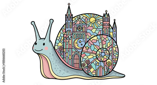A whimsical cartoon snail with a Gothic cathedral shell made of stained glass.