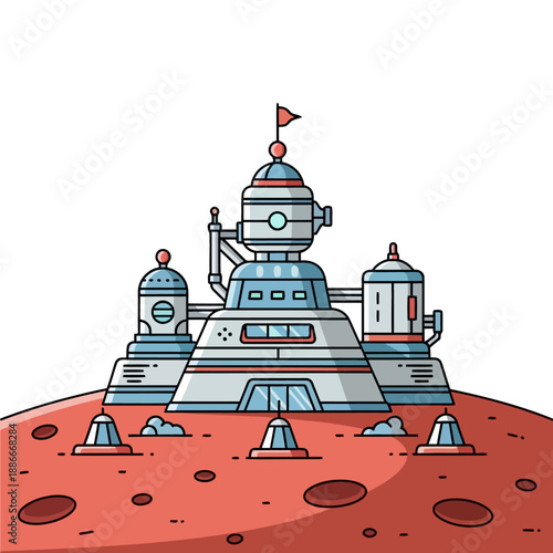 Futuristic space colony research station on an alien planet.