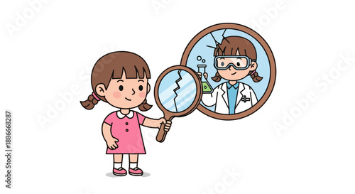 Young girl with magnifying glass imagining her future as a scientist.
