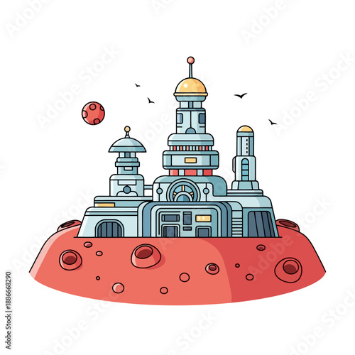 Futuristic space colony architecture on a small red planet.