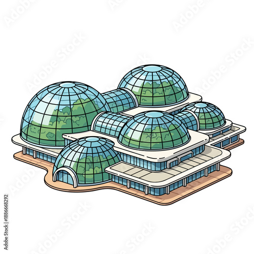 Architectural illustration of a futuristic biodome complex with multiple green glass domes.