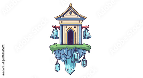 Fantasy floating island temple with hanging bells and crystals.