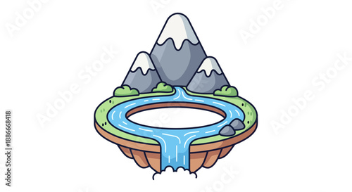 Cartoon floating island with snow-capped mountains and a circular river waterfall.