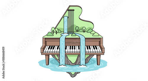 Surreal Grand Piano with a Waterfall Flowing Over the Keys.