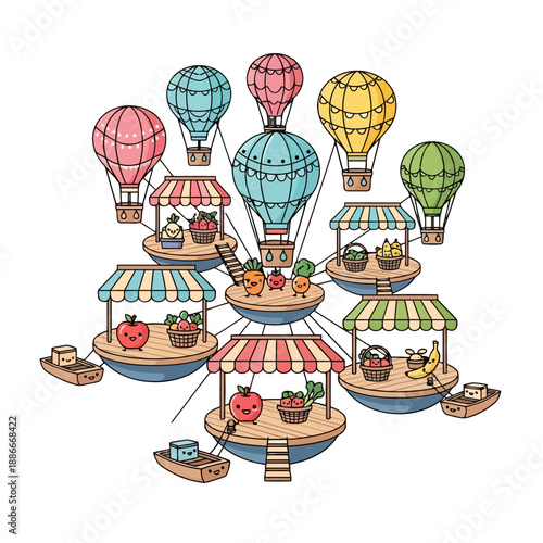 Fantasy Airborne Marketplace with Cute Fruit Characters and Hot Air Balloons.
