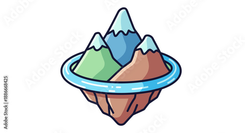 Cartoon floating island with three colorful snow-capped mountains.
